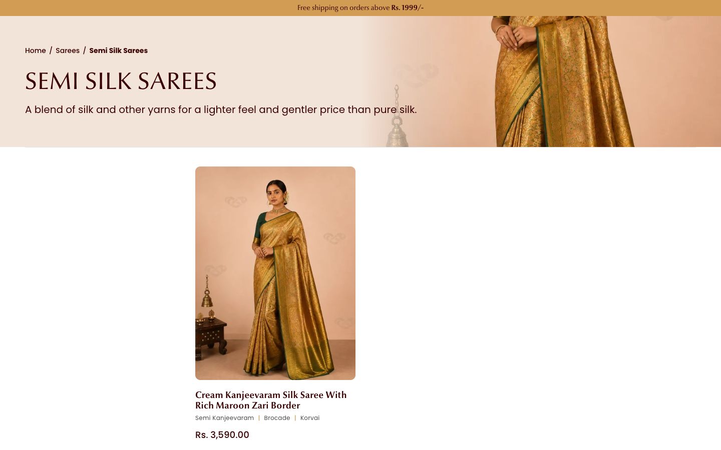 Anuradha collection page for semi silk sarees with filters